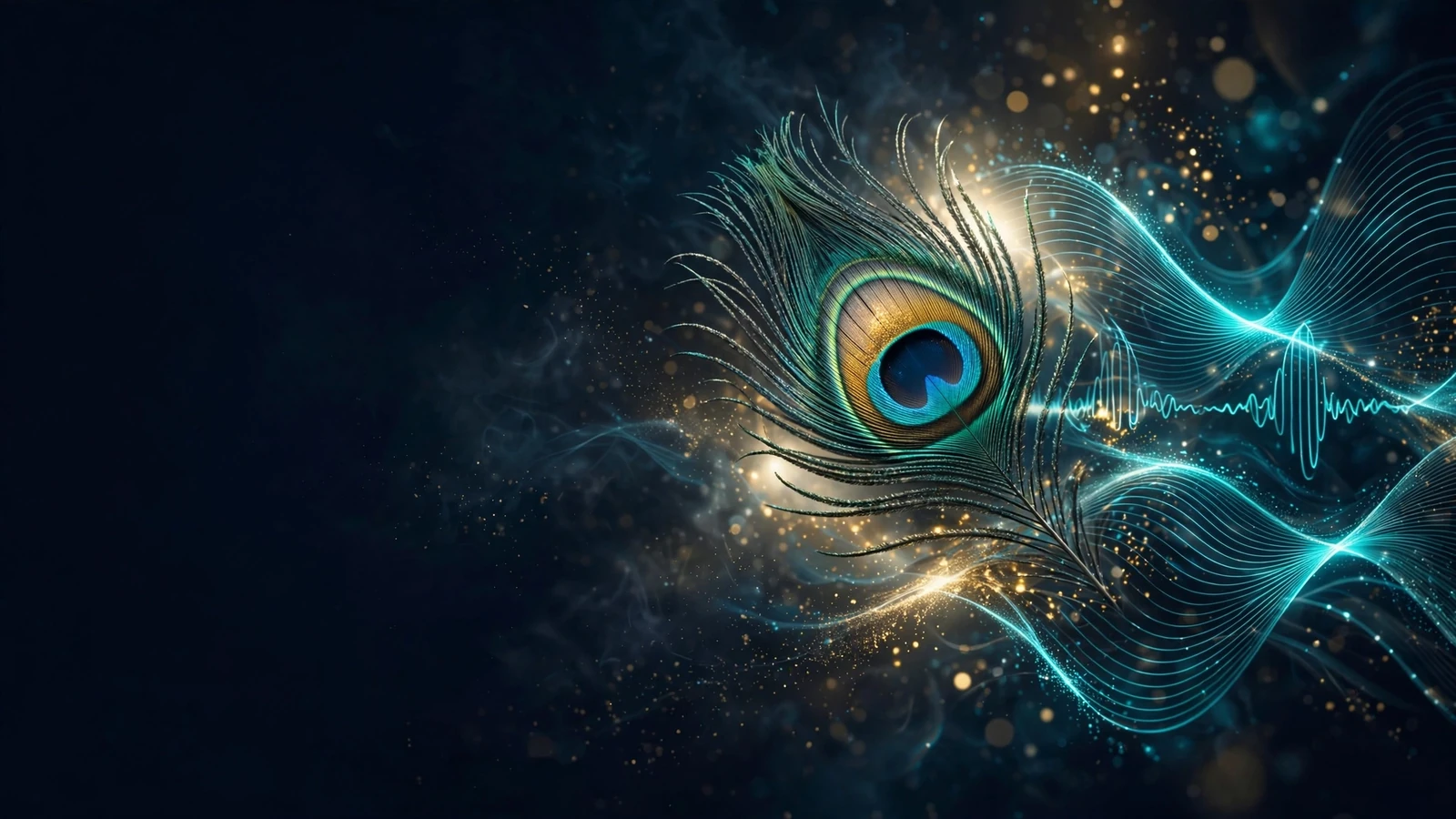 Abstract peacock feather dissolving into glowing voice waveforms